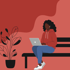 Illustration of a focused Black woman working on a laptop while sitting on a bench. Depicts remote work, online learning, or digital nomad lifestyle and productivity.