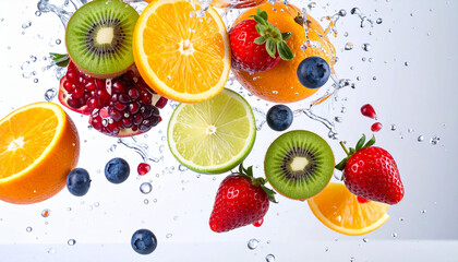 Vibrant Citrus and Berries Splashing into Water