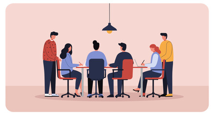 Business professionals collaborating in a modern meeting room, discussing ideas and working together as a team. Ideal for corporate productivity concepts.