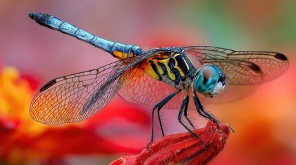 Detailed close-up of a blue and yellow dragonfly resting on a red flower bud against a vibrant blurred background