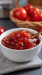 Fresh tomato jam in a white bowl with ripe tomatoes and a woven basket in the background, displayed on a textured cloth in a cozy kitchen setting