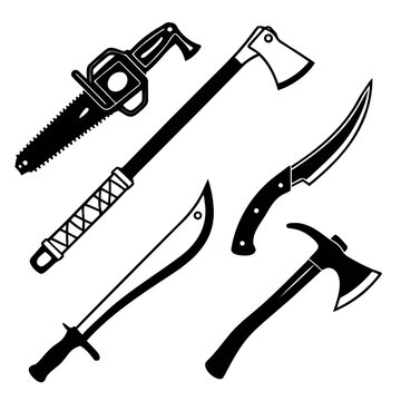 Black horror weapon collection chainsaw axe machete knives hatchet kukri
