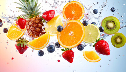 Colorful Mix of Fresh Fruit with Dynamic Water Splash on Gradient Background