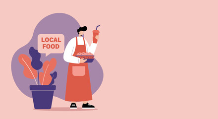 Person in apron presents local food and a drink, symbolizing sustainable eating and supporting small businesses. Great for food services, healthy lifestyle, and community promotion.