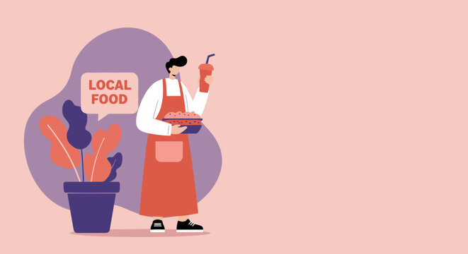 Person in apron presents local food and a drink, symbolizing sustainable eating and supporting small businesses. Great for food services, healthy lifestyle, and community promotion.
