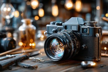 Vintage Camera on Wooden Table with Tools and Bokeh Lights