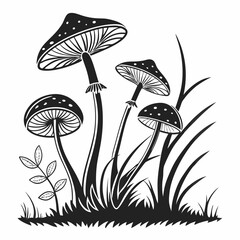 Black silhouette mushrooms and grass fungus plant © Sa