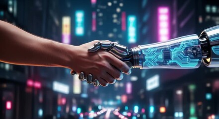 Futuristic handshake between human and AI robot, symbolizing partnership, technology, and innovation in a dynamic, modern world, perfect for tech startups - Powered by Adobe