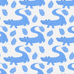 Seamless cute cartoon crocodile pattern with leaves, modern flat vector illustration for kids design, trendy reptile animal background for nursery and textiles.