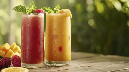 Refreshing smoothie drinks with vibrant colors and garnishes, perfect for summer day. Enjoy fruity flavors and coolness