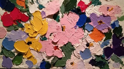 Thick, textured oil paint applied with brush strokes to create vibrant, abstract floral forms on a white background