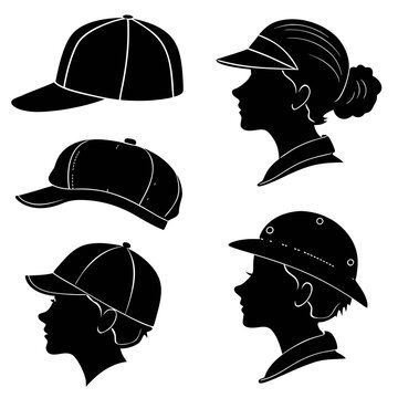 Black silhouettes of caps and headwear on white baseball cap sun hat