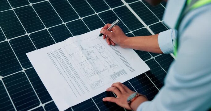 Hands, person and writing on blueprint for solar panel design, floor plan and technical drawing. Engineer, document and electrical layout for installation, photovoltaic illustration and maintenance