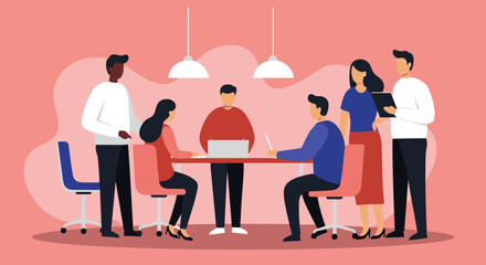 Diverse business team collaborating in a modern office meeting, discussing ideas and strategizing for success. Ideal for concepts like teamwork, innovation, and professional development.