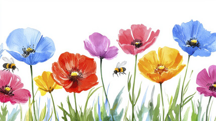 Fototapeta premium Vibrant watercolor garden featuring colorful flowers in various shades, attracting bees and showcasing nature beauty