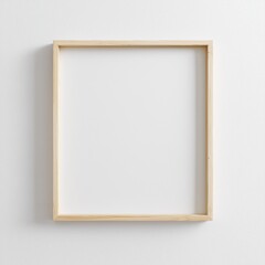 Minimalist style interior with simple white background and light wooden frame hanging on the wall, clean modern design mockup template, hyperrealistic high resolution background for posters or artwork