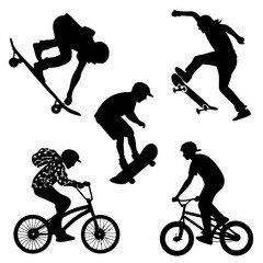Naklejka premium Black silhouettes of skateboarders and B M X riders performing tricks white