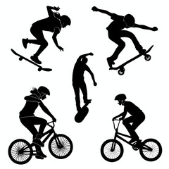 Naklejka premium Black silhouettes of skateboarders and B M X riders performing tricks white