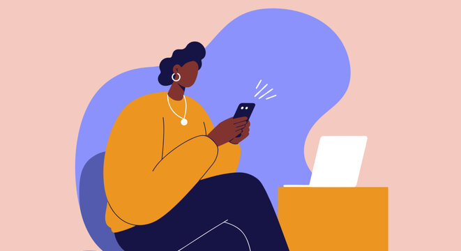 Engaged woman actively using a smartphone next to a laptop, representing modern digital communication, online connectivity, and flexible work lifestyle.