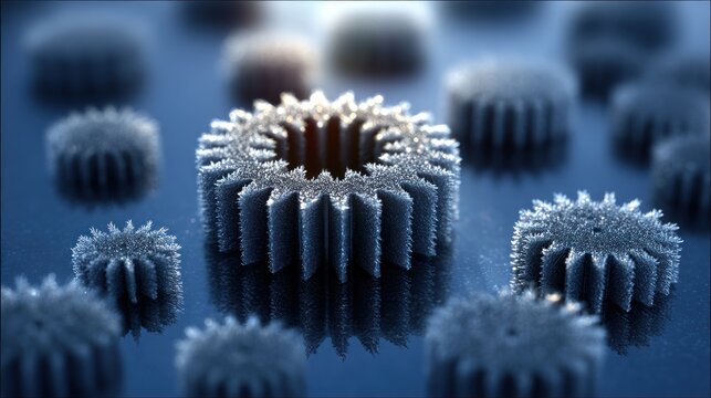 Frosted gears arranged on reflective surface with shallow depth of field in shades of blue and white