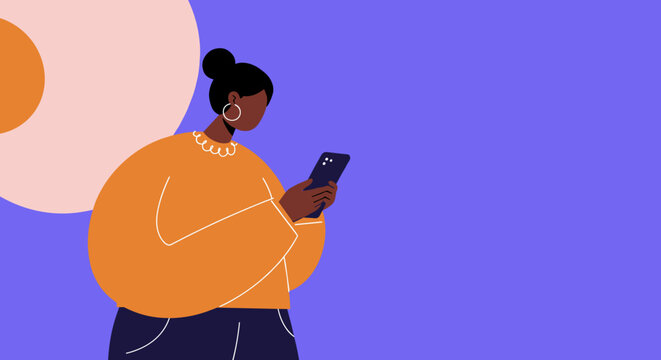 Illustrated woman using a smartphone, depicting digital communication, online interaction, and modern connectivity. Useful for technology, social media, or lifestyle content.