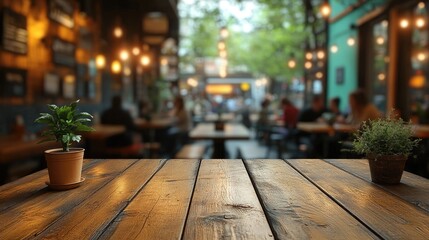 Empty wooden table in a busy cafe, blurred background