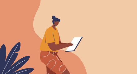 Focused woman using a tablet, representing modern digital work, online learning, and remote productivity in a creative setting.