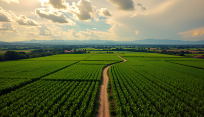 Aerial View Verdant Sugarcane Fields and Rolling Hills