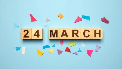 Wooden Blocks with Date 24 March. Calendar for birthday or anniversary on solid colored background with confetti