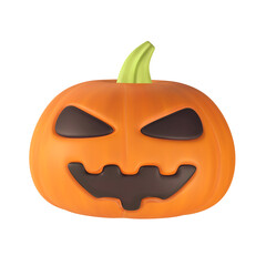A stylized 3D Halloween pumpkin features a bright orange body, a green stem, and a carved black smiling face.