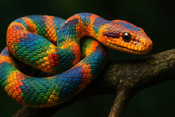 Naklejka premium Vividly Colored Serpent Coiled on Branch snake reptile