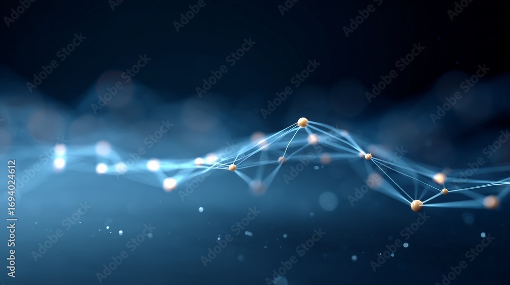 Poster complex network visualization depicting interconnected nodes representing artificial intelligence, s