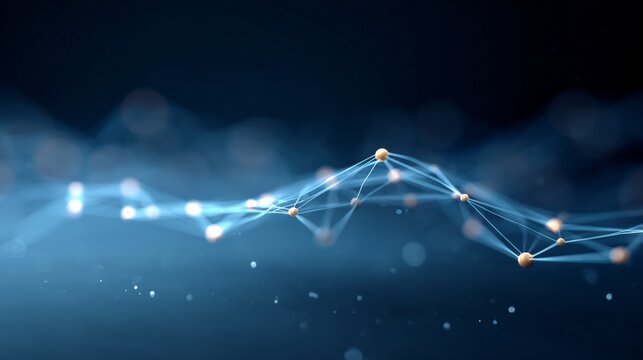 Complex network visualization depicting interconnected nodes representing artificial intelligence, symbolizing machine learning, deep learning, and neural networks in a dark blue digital space