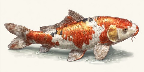 Graceful koi fish swimming, illustrated with orange, white, and black colors in an artful, serene, aquatic scene