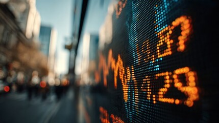 Focus on LED screen display numerical data; blurred city street backdrop in the background