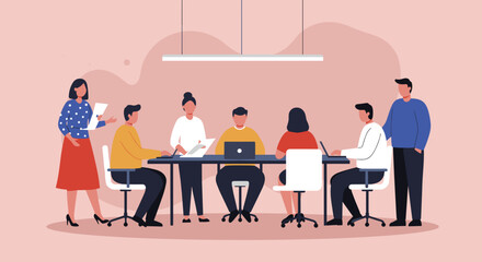 Diverse business team collaborating and discussing strategy in a modern office meeting. Ideal for concepts of teamwork, productivity, and corporate success.