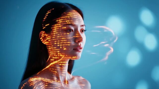 Stunning portrait of Asian woman with digital code overlay, futuristic AI concept, data processing visualization, modern technology