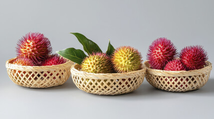 Fototapeta premium Exotic hairy red rambutan fruits woven baskets, showcasing vibrant colors and unique textures, evoke sense of tropical delight