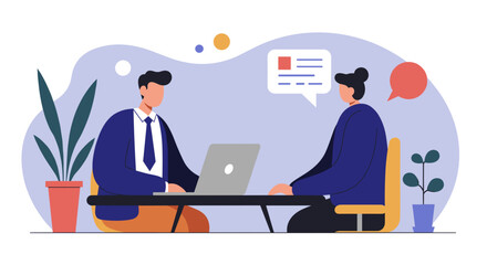 Two professionals engage in a focused business meeting or interview, with a laptop and speech bubbles symbolizing effective communication and collaboration in a corporate setting.