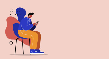Modern person sits in an abstract setting, engrossed in their smartphone. Represents digital communication, online leisure, and modern lifestyle.