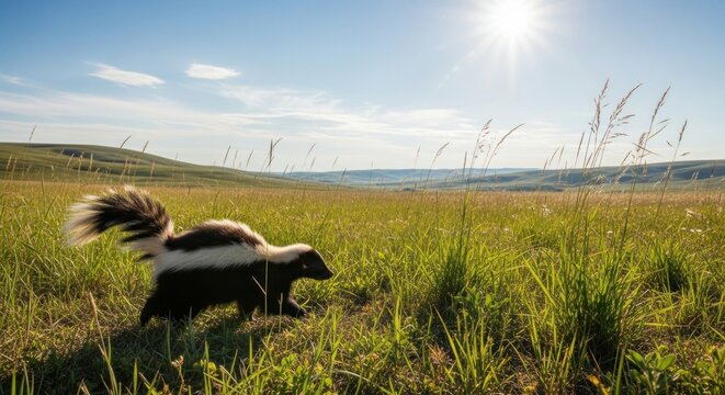 A skunk strides across a sun-drenched meadow, tail held high, amidst tall green grasses. Rolling hills and a bright sky complete the sunny scene