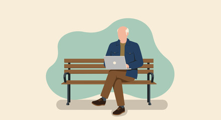 An elderly man, depicted in a flat illustration style, sits on a park bench, engrossed in his laptop, with a light green backdrop.