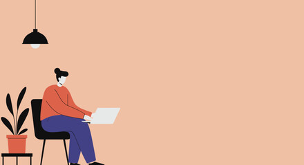 Person working on a laptop in a cozy home office setting with a plant and lamp, representing remote work, productivity, and digital communication.