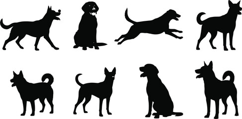 Black silhouette vector illustration of multiple dog breeds in different poses, including sitting, standing, and running, perfect for design projects.Black 
