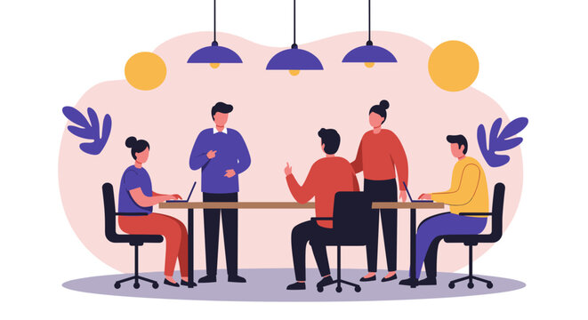 Diverse team collaborates in a modern office setting, discussing ideas and working on laptops around a table, fostering a creative and productive environment.