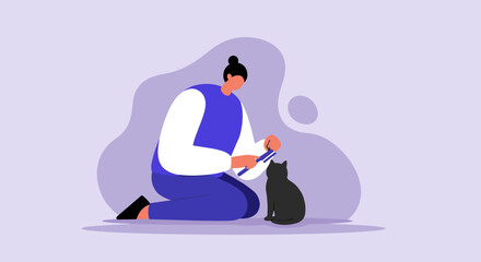 Person gently brushes a black cat, illustrating pet care, love, and daily routine. Ideal for themes of home life, responsibility, and animal companionship.