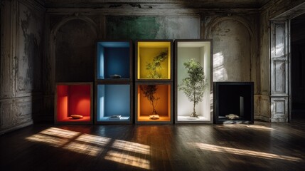 Colorful display cases in an old house.