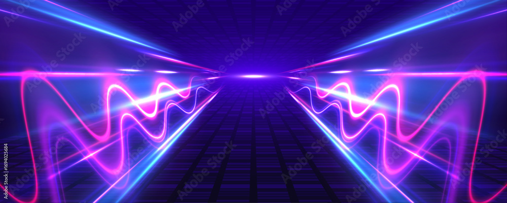 Poster neon stripes in the form of drill, turns and swirl. speed of light concept background. abstract back