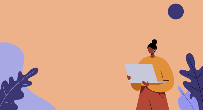 Illustration of a woman working on a laptop amidst abstract plant elements, depicting remote work, digital learning, or creative productivity. Modern lifestyle concept.
