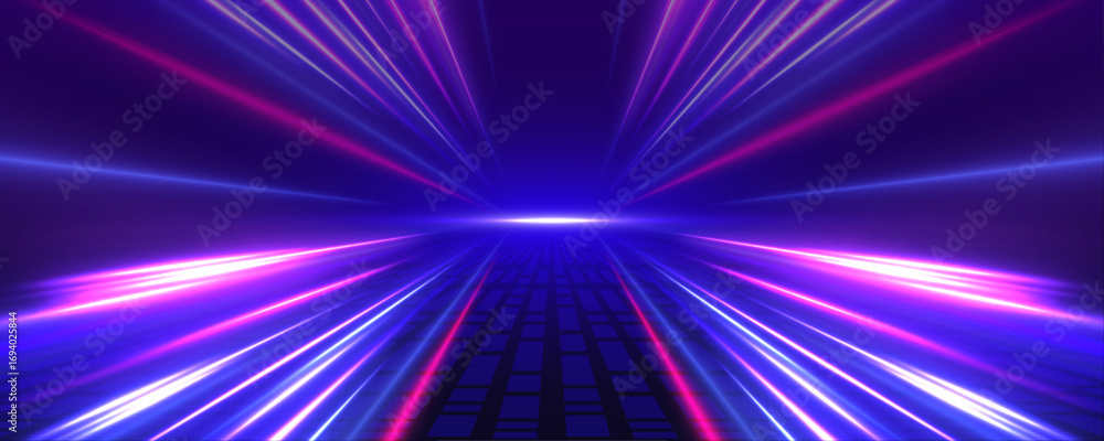 Poster neon stripes in the form of drill, turns and swirl. speed of light concept background. abstract back